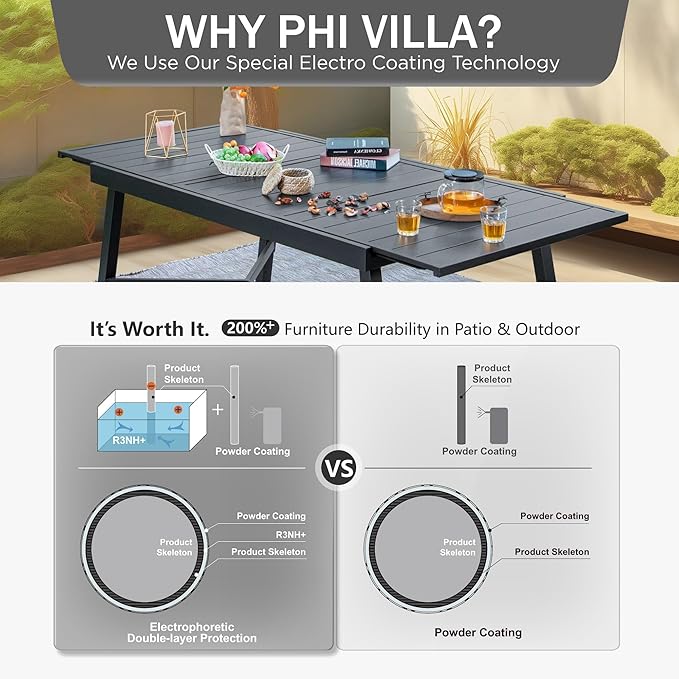 PHI VILLA 9 Pieces Outdoor Dining Set for 8, 84" Long Expandable Metal Table & Stackable Wrought Iron Chairs, Large Furniture Set for Patio, Deck, Yard, Porch - Black