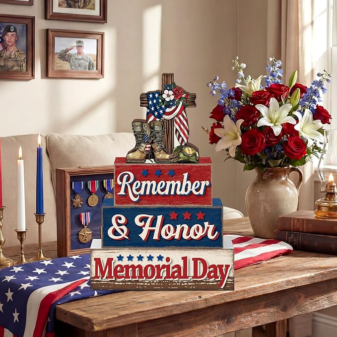 4 Pcs Memorial Day Table Decor Patriotic Remember Honor Our Heroes Wooden Sign Fourth of July Tiered Tray Decor Red White Blue Table Centerpiece for Home Office Desk Shelf Mantel Decorations