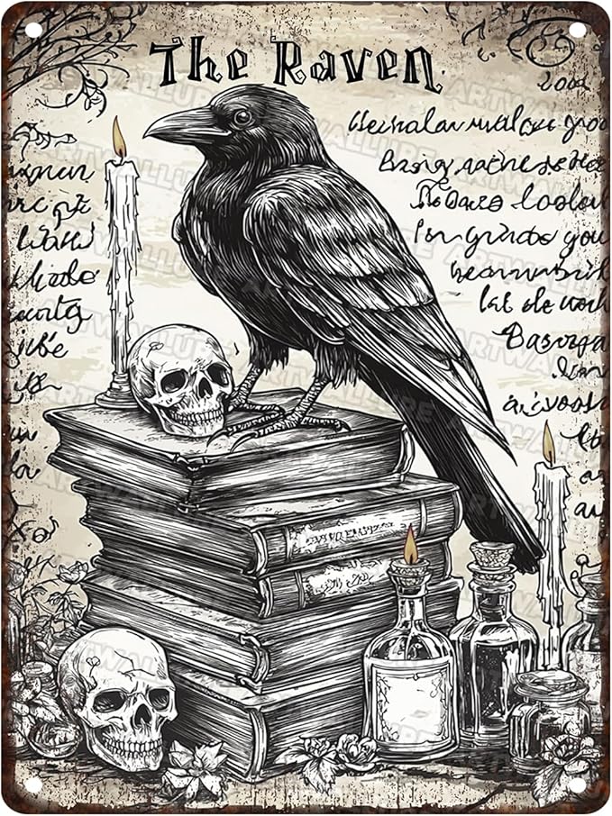 Gothic Raven Sign Vintage Crow Metal Sign Skull Wall Decor Gothic Witchy Bathroom Decor for Home Bar Garage Man Cave Shed 12x16inch