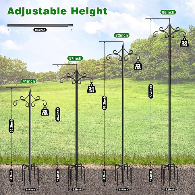 Heavy Duty Double Shepherd Hooks for Outdoor with 5-Prong Base, 88inch Adjustable Decorative Metal Bird Feeder Pole for Hanging Bird Nests, Plant Baskets, Solar Lights, Lanterns, 1 Pack