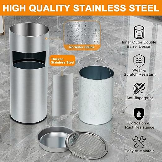 4.5 gal/17 L Trash Can, Stainless Steel Outdoor Trash Cans, Commercial Garbage Can with Removable Inner Bucket, Waste Bin Container with Lid for Outside Patio