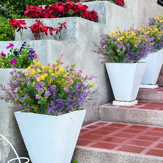 Hananona Artificial Flowers Outdoor, Faux Artificial Plants UV Resistant Plastic Flower Bulk for Hanging Planter Porch Window Home Wedding Fall Summer Decor (12, Fuchsia, Purple, Yellow, Green)