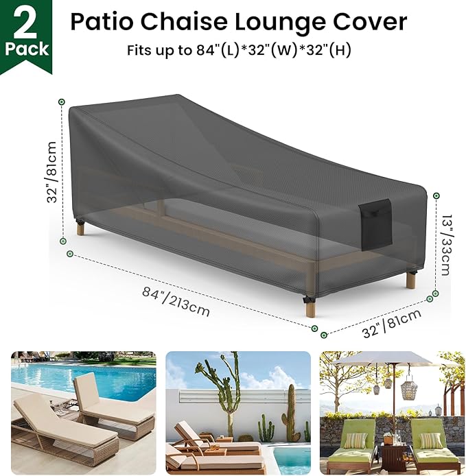 Mrrihand Chaise Lounge Cover, Patio Furniture Covers, Patio Lounge Chair Cover Waterproof and UV Resistant, Heavy Duty Outdoor furniture covers with Air Vent 2 Pack - 84L x 32W x 32H inch