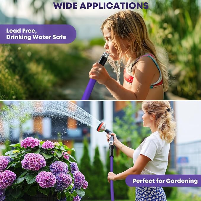 Kohree 50FT RV Water Hose with Storage Bag, 5/8'' Premium Drinking Water Hose, Leak-free, No Odor, Anti-Kink and Flexible Garden Hose for RV, Camper, Truck, Car - Purple
