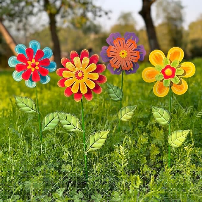 Metal Flowers for Outside,4 Pack 16.33" Decorative Garden Stakes with Swaying Flowers Head Yard Art,Spring Garden Decor for Lawn, Pathway & Yard