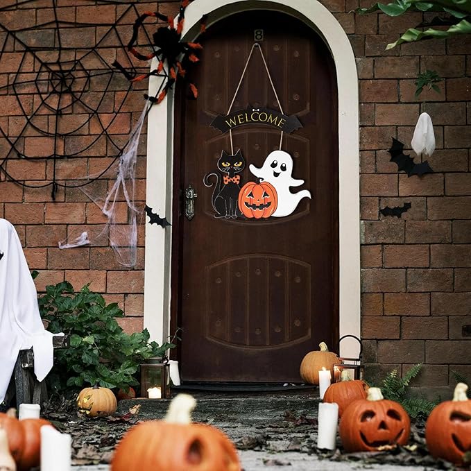 Halloween Decoration Wooden Ghost Door Halloween Wreath for Front Door Sign Wall Signs Decor, Pumpkin Black Cat Wreaths Sign Hanging for Home Wall Decor Outdoor Indoor Farmhouse Party Supply