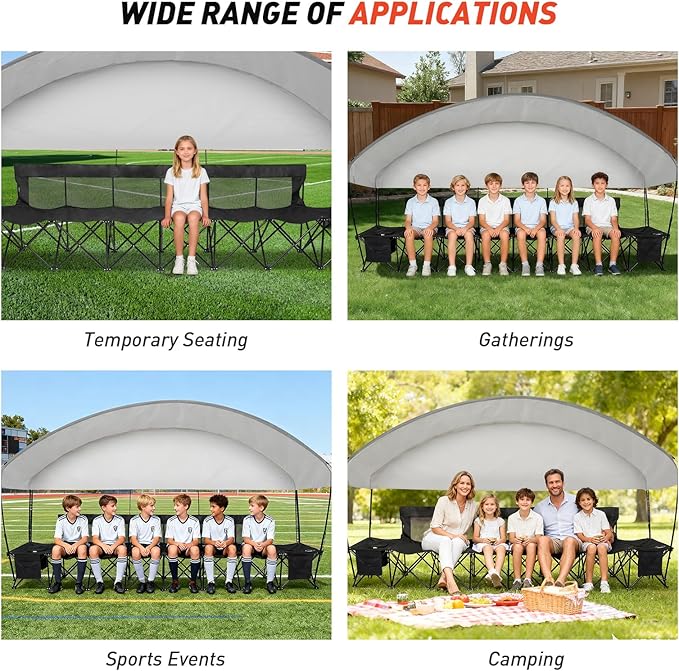 G GOOD GAIN Portable Soccer Bench with Canopy - Team Bench Soccer 6 Seats with Bag, Sideline Folding Bench, Folded Chair Seating 6 for Football Camp Outdoor Sport Events, Team Chairs for Adults, Black