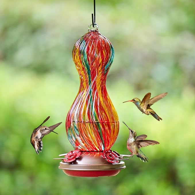 Hummingbird Feeder for Outdoors Hanging, Hand Blown Glass 24 OZ Capacity Hummingbird Bird Nectar Feeders with 4 Feeding Ports, Gifts for Women Mom Outside Garden Backyard Decor (Yellow-Green)