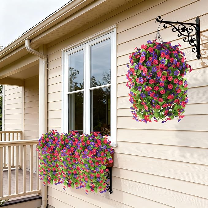 Artificial Fake Hanging Flowers for Outdoors, 2 Pcs Artificial Hanging Plants Outdoors Spring Summer Decor, UV Resistant Faux Violet Silk Flowers for Planters Front Door Yard Garden(Purple Rose Red)