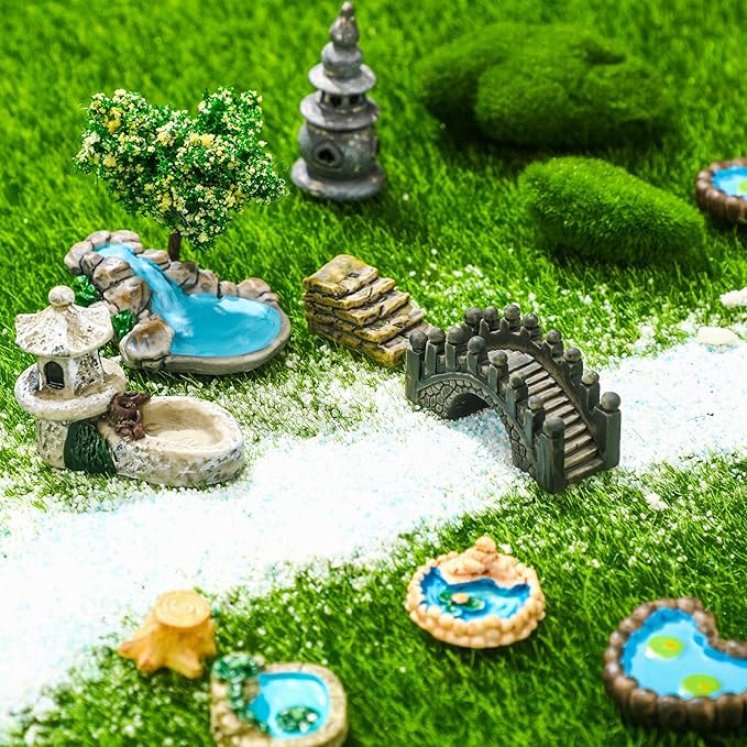 BBTO 24 Pcs Fairy Garden Accessories Architecture Miniatures- Fairy Pond Grass Boat Bridge Chair Figurines Artificial Mini Outdoor Garden Kit Water Features for Crafts Decorations
