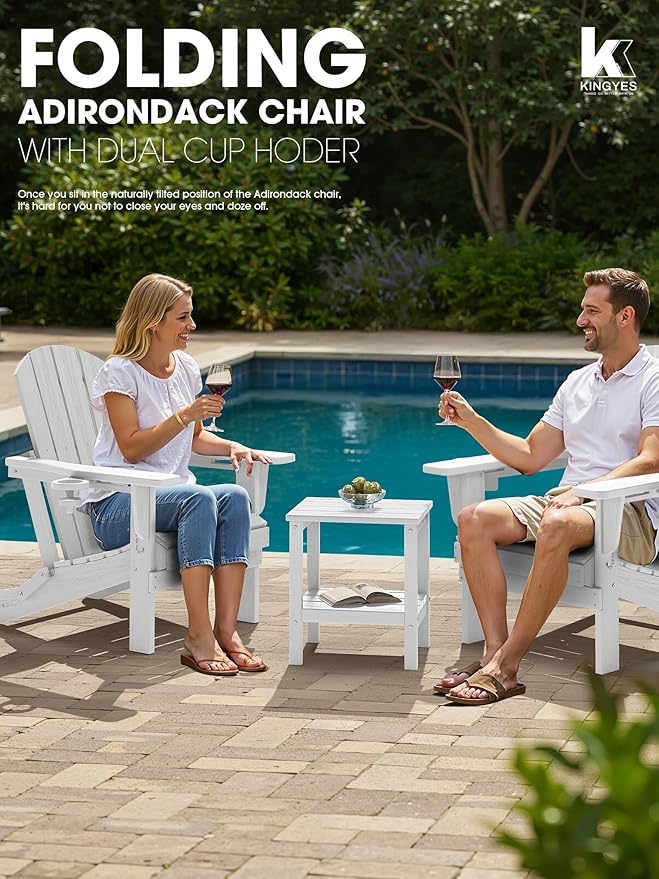 KINGYES Folding Adirondack Chair with Dual Cup Holders - HDPE All-Weather Outdoor Chairs, Wood-Like Patio Chair for Backyard, Camping, Pool & Fire Pit, White
