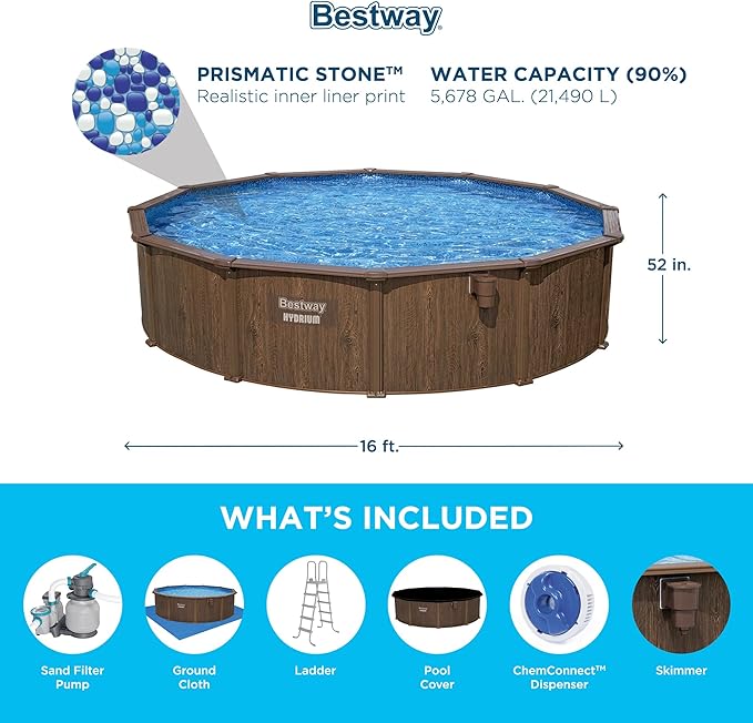 Bestway Hydrium 16' x 52" Above Ground Pool, Round Steel Side Wall Frame Outdoor Swimming Pool Set with Sand Filter Pump, Ladder & Accessories
