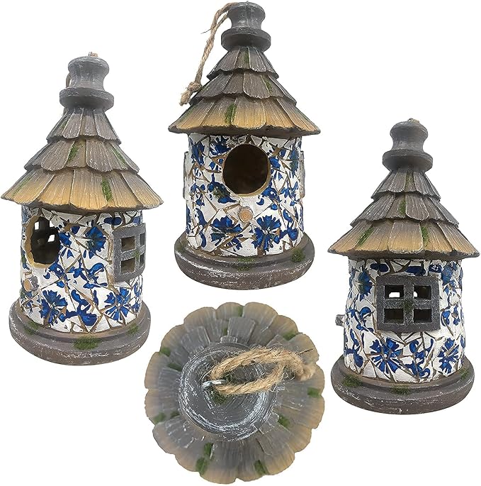 Bird House for Outdoor with Pole Garden Decor Hanging Birdhouses Weatherproof BirdNest for Outside Bluebird, Finch, Wren, Chickadee, Wild Birds Big Size Resin White Bule