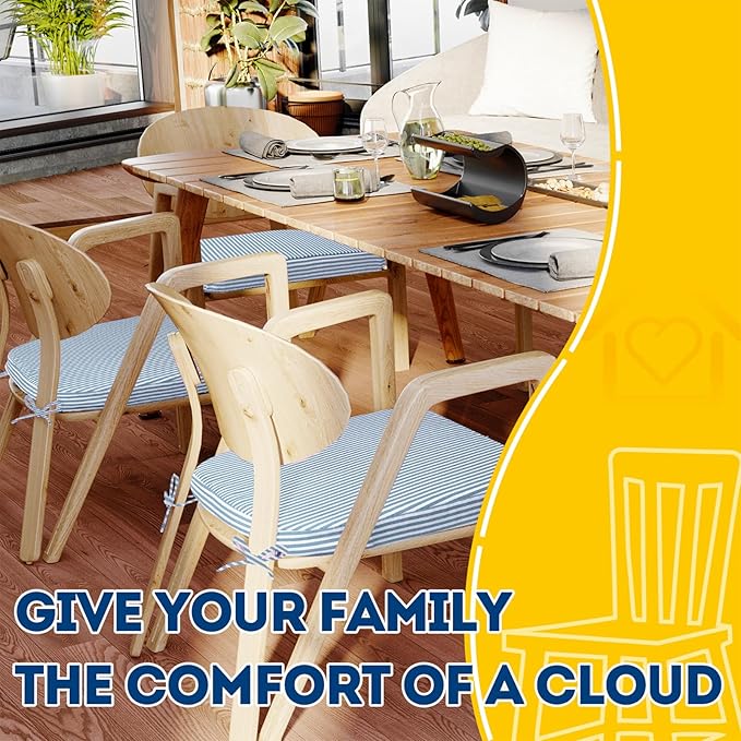 AAAAAcessories D-Shaped Chair Cushions, 2" Thick Dining Chair Pads with Ties and Removable, Machine-Washable Cover, 17" x 16", Pinstripe Blue