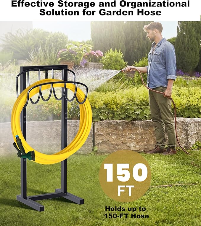 Freestanding Garden Hose Holder with 4 Spikes, Heavy Duty Metal Reel Stand Hanger Rack Organizer, Holds Storage 150ft Hose for Outside Yard Lawn, Black