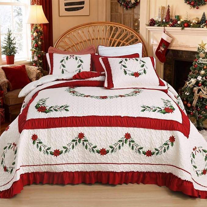 Cmfshape Poinsettia Floral Bedspread with 2 Pillow Shams-Queen Size,Patchwork Red Quilt Set 3 Piece,Christmas Bedding for Kids Women,Lightweight Reversible Bed Coverlet for All Seasons,Queen92 x96