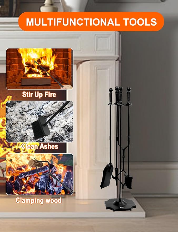 VODA Large 5 Pcs Fireplace Tools Set Black Fire Place Tools Indoor Outdoor Fire Place Poker Set with Stand, Including Fireplace Poker,Fireplace Tongs,Fireplace Shovel,Fireplace Brush and Sturdy Base