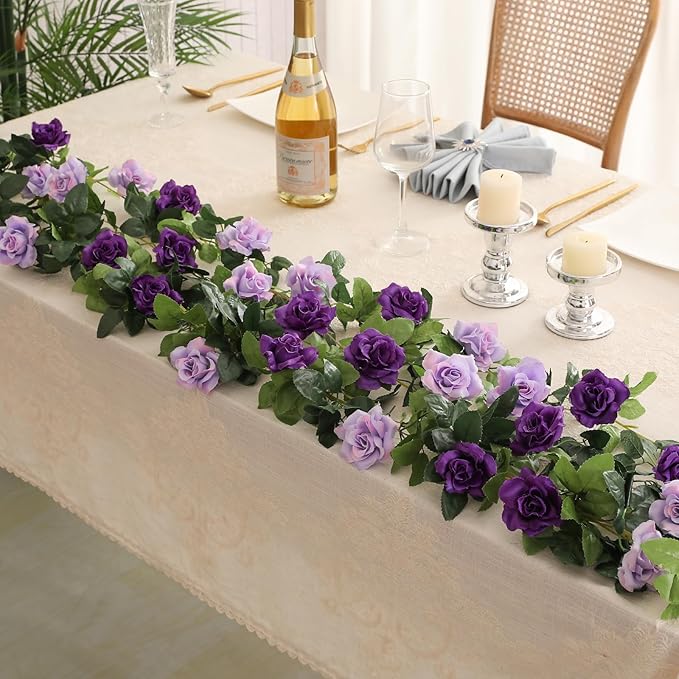 JUSTOYOU 2 Pack (15.8FT) Fake Rose Garland, Artificial Roses Vines Flower Garland Hanging Floral Vine Wedding Home Backdrop Party Arch Arrangement Decoration