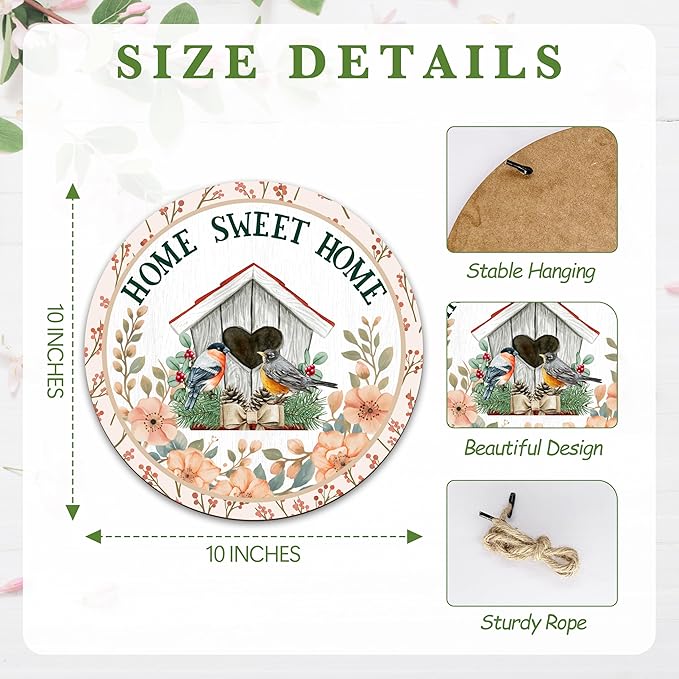 Spring Hanging Decor For Front Door, Birdhouse Home Sweet Home Round Sign Decor For Farmhouse Home Yard Porch, Hello Spring Decorations, Welcome Spring Wall Plaque Gifts For Friends Family -09