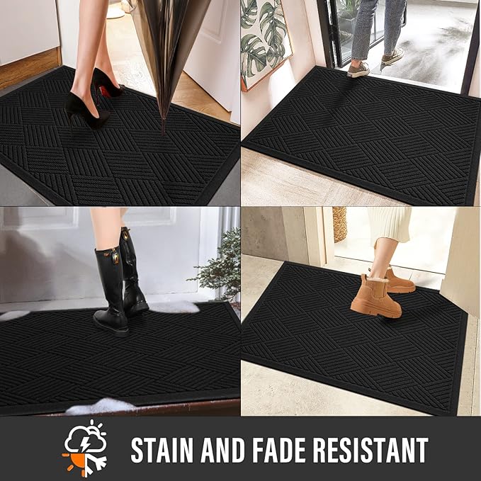 Sturdy Front Door Mat, Absorbent Muddy Dirt Resist Welcome Door Mats Outdoor Indoor, Stain and Fade Resistant, Non-Slip Rubber Backing Low Profile Doormat for Entryway, 36×24, Black