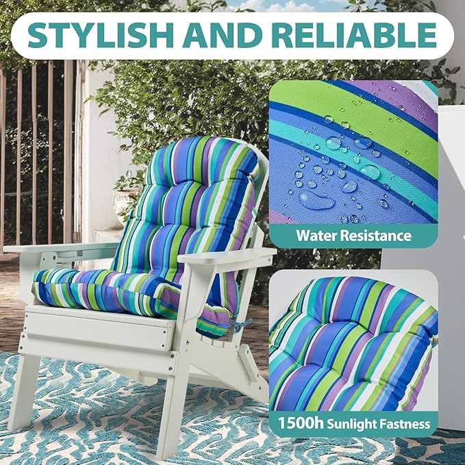 Adirondack Chair Cushion, High Back Patio Cushions with Adjustable Ties, 48.8x20.4x4.3, Waterproof Tufted Pillow, Fade Resistant Seat Rocking Chair Cushion for Indoor/Outdoor, Stripe Blue, 2