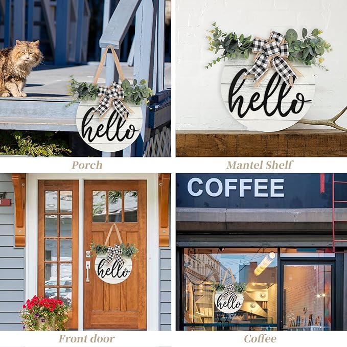 3D Hello Spring Wreaths for Front Door | White Horizontal Round Wreaths | Housewarming Gift | Farmhouse Wood Door Hanger for Home Decor Indoor and Outdoor, Classroom, Yard, Porch Decor