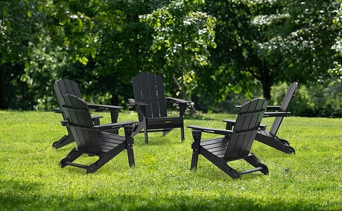 Folding Adirondack Chair, Wooden Textured Plastic Adirondack Chairs with 2 Cup Holder, Weather Resistant HDPE Fire Pit Chair, Outdoor Patio Chairs for Garden, Backyard, Lawn, Deck, 380LBS, Black