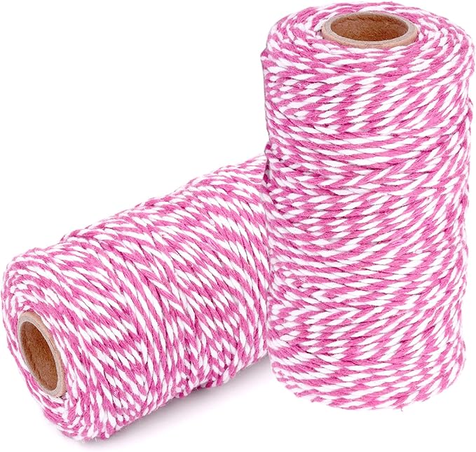 Cotton Twine String Bakers Rope: 2 Roll Twines for Crafts Gift Wrapping - 656 Feet Rose Red White Twine for Kitchen Cooking