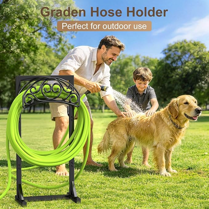 Freestanding Garden Hose Stand, Heavy Duty Water Hose Holder with Tool Hooks, 4 Anchoring Spikes, 150 ft Storage for Yard & Lawn