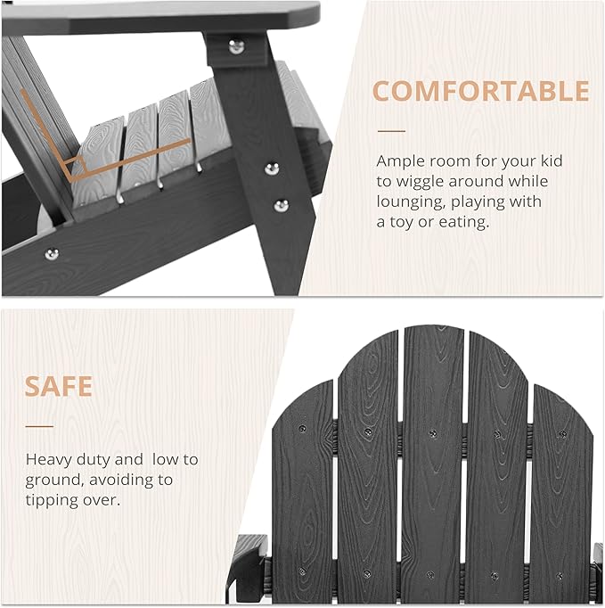 LUE BONA Kids Adirondack Chair Set of 4, Gray Poly Lumber Plastic Weather Resistant Kids Outdoor Patio Lounge Chair for Balcony, Backyard