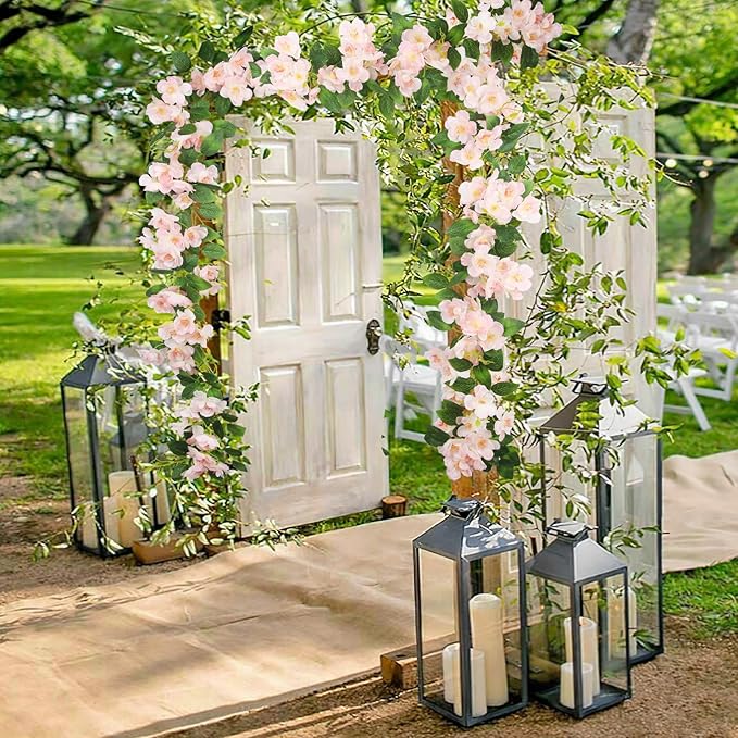CISDUEO Artificial Cherry Blossom Flower Vine Hanging Champagne Cherry Blossom Flower Silk Garland Hanging Vines Faux Flowers for Outdoors Spring Wedding Party Home Table Centerpiece Arrangement Decor
