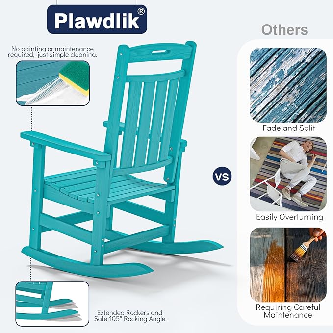 Plawdlik Oversized Outdoor Rocking Chair - All-Weather Resistant,HDPE Heavy Duty Patio Rockers with High Back - Perfect for Porch, Lawn, Garden, Modern Style,Aruba