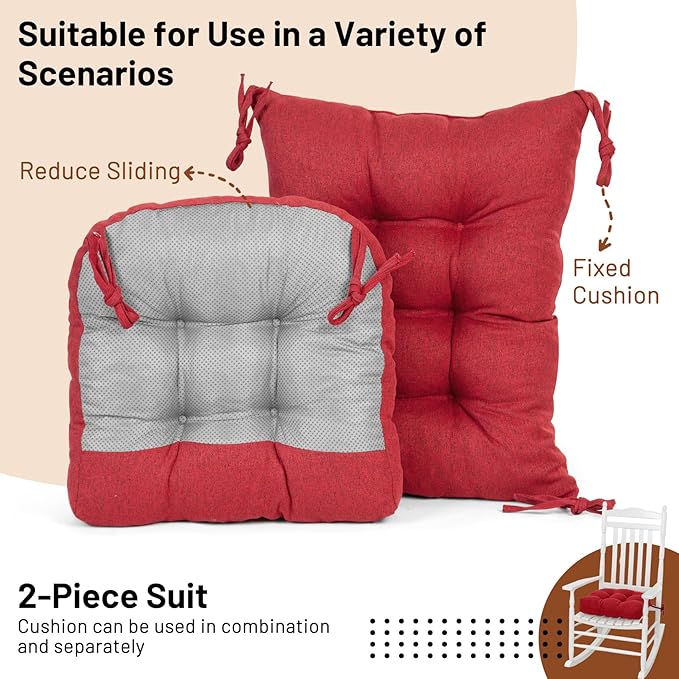 Lokex Rocking Chair Cushion 4 Inch Extra Thick, Cushions for Rocking Chairs Set of Seat and Back with Ties, Linen Fabric Indoor Outdoor Rocker, 17x21 & 17x17 Inches (Red)