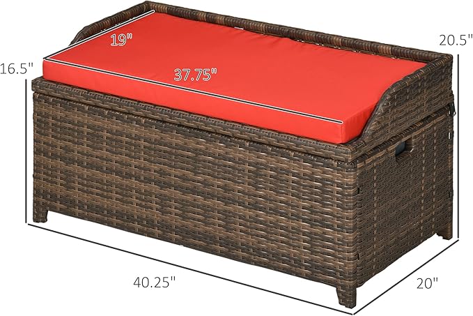 Outsunny 34 Gallon Outdoor Wicker Storage Bench Deck Box, PE Rattan Patio Furniture Pool Storage Bin Container with Interior Waterproof Cloth Bag and Comfortable Cushion, Red