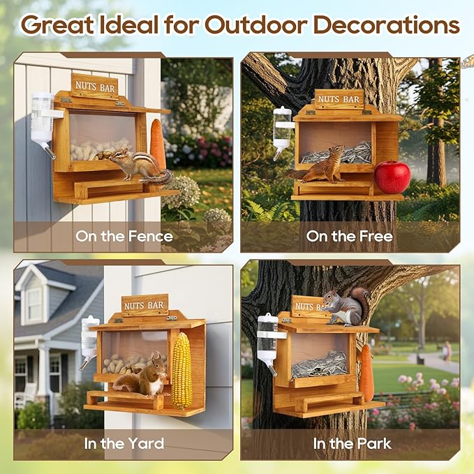 Hanging Squirrel Feeders for Outside, Large Squirrel Picnic Table Feeder with Water Bottle, Funny Nuts Bar Squirrel Feeder, Wooden Chipmunk Feeder Box, No Assembly Required