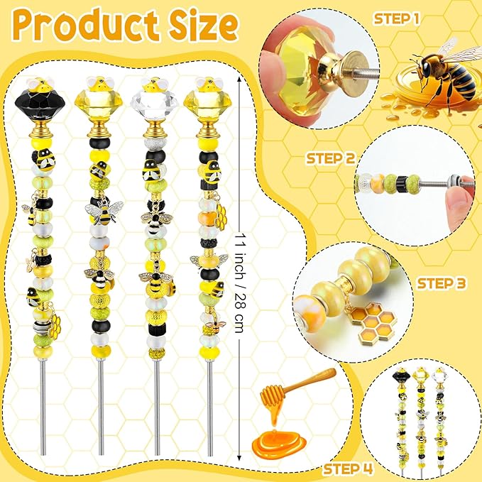118 Pcs Bee Garden Stakes Fairy Wand DIY Beaded Stakes Garden Decor Includes 4 Crystal Stopper Top 10 Bee Pendant 68 Large Hole Beads 4 Threaded Rods 4 Pcs Nuts, for Craft Supply