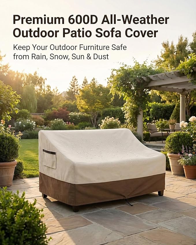 Outdoor Sofa Cover, Waterproof Patio Furniture Cover 58.3W x 32.7D x 31H inches Heavy Duty 600D Oxford Fabric Beige and Brown