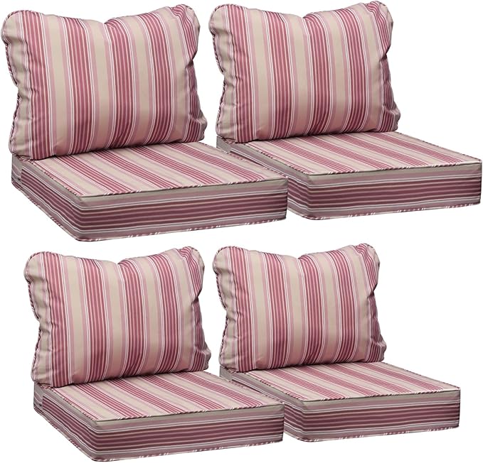 AAAAAcessories Outdoor Seat Cushions for Chairs, Fade-Resistant, Waterproof Patio Furniture Replacement Cushions, 23.5" x 25.5" x 5" + 23.5" x 19", Set of 4, Dusty Rose Garden Stripe