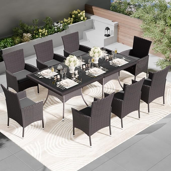Kullavik 10-Piece Outdoor Dining Set Patio Rattan Furniture Set,Patio Dining Table and Chairs Set with 8 Chairs and Cushions,Square Glass Tabletop with Umbrella Hole for Patio,Grey