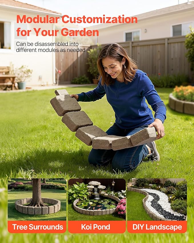 VEVOR Faux Stone Landscape Edging, No Dig Garden Edging Border, Flexible Blocks for Lawn Edging, Flower Beds, Driveway, Yards with 12 Spikes, 4 Pack 24 Bricks 16FT Kit, 47.2" Lx 4" W x 9" H, Beige