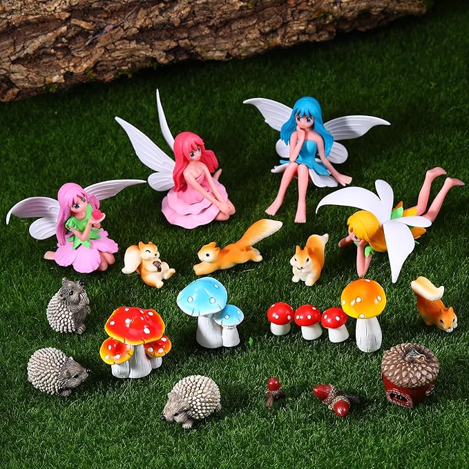 20Pcs Fairy Garden Accessories, Miniature Garden Ornaments Landscape Decorations Mini Fairy Figures Animal Plant Set for DIY Terrarium Potted Plants Dollhouse Desk Decor