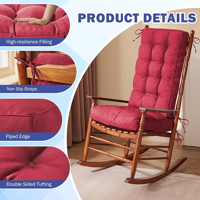 Rocking Chair Cushion, Waterproof and Fade-Resistant Patio Chair Cushions, Tufted Chair Pads for Rocker Furniture, 18x18 Inch, Indoor/Outdoor Seat Cushions with Ties, Burgundy