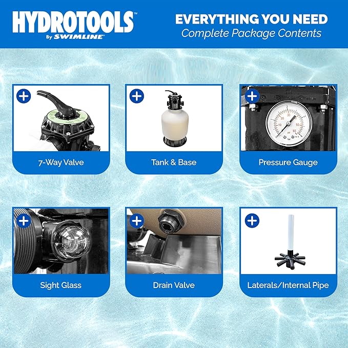 HYDROTOOLS BY SWIMLINE 16 Inch Sand Filter Combo Set With Stand & Multi Port Valve | 100 Pound Sand Capacity