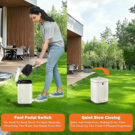 Dog Poop Trash Can Outside, 5L/1.3Gal Metal Dog Waste Trash Can with Lid, Foot Pedal, Pet Waste Container with 40 Bags, Poop Bucket with Lid Soft Close for Pet, White