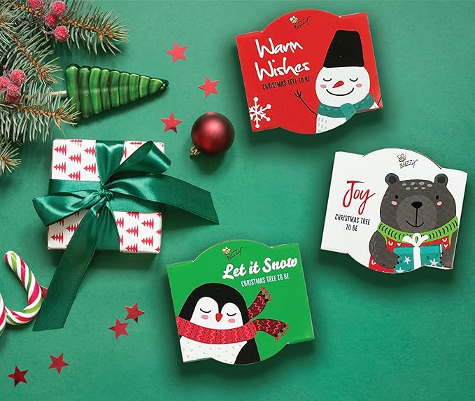 BUZZY Seeds Holiday Mini Spruce Kit 12-Pack – Terracotta Pots with Bear, Penguin, and Snowman Designs, All-in-One Tree Seed Starter Set, Stocking Stuffer, Party Favor