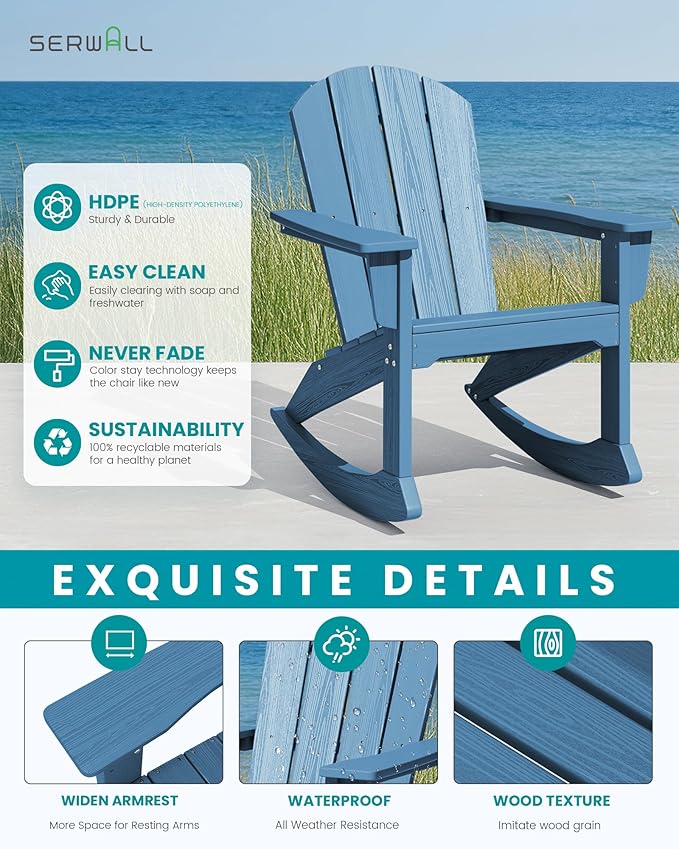 SERWALL Outdoor Adirondack Rocking Chairs Set of 6, All-Weather HDPE Adirondack Rocker Chair, Front Porch Rocker Chairs for Patio Lawn Porch Deck, Navy