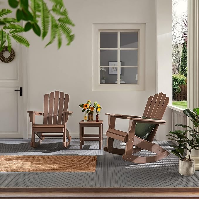 Psilvam Adirondack Rocking Chair Set of 2, Eco-Friendly Wood-Style Outdoor Patio Rocker - Heavy Duty 350 lbs Capacity, All-Weather Recycled Plastic, Easy Assembly (Brown)