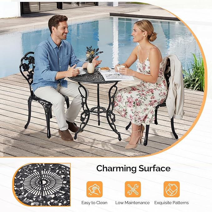 VINGLI 3 PCS Outdoor Bistro Set, Outdoor Patio Set, All-Weather Cast Aluminum Bistro Table Set, Bistro Table and Chairs Set of 2 for Backyard, Garden, Balcony (Black, Rose)