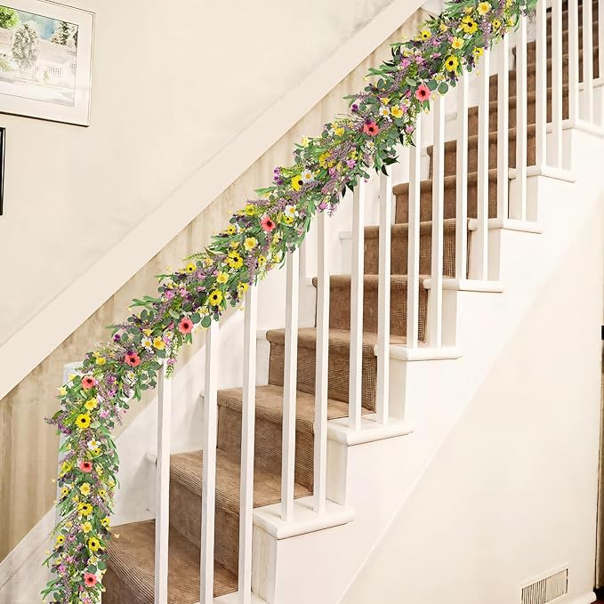 2pcs 6 ft Artificial Wildflower Garlands Wisteria Lavender Garland Daisy and Lavender Faux Floral Vine Summer Spring Floral Fake Garland All Year Round Home Decor for Indoor Outdoor Wedding Arch