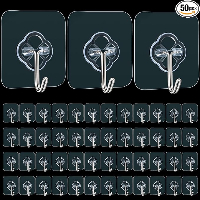 Adhesive Wall Hooks for Hanging, 50 Pack Heavy Duty Stainless Self Sticky Hooks, Waterproof and Rustproof Clear Self Adhesive Utility Hooks for Bathroom Kitchen Office Outdoor Inside Wardrobe Towel